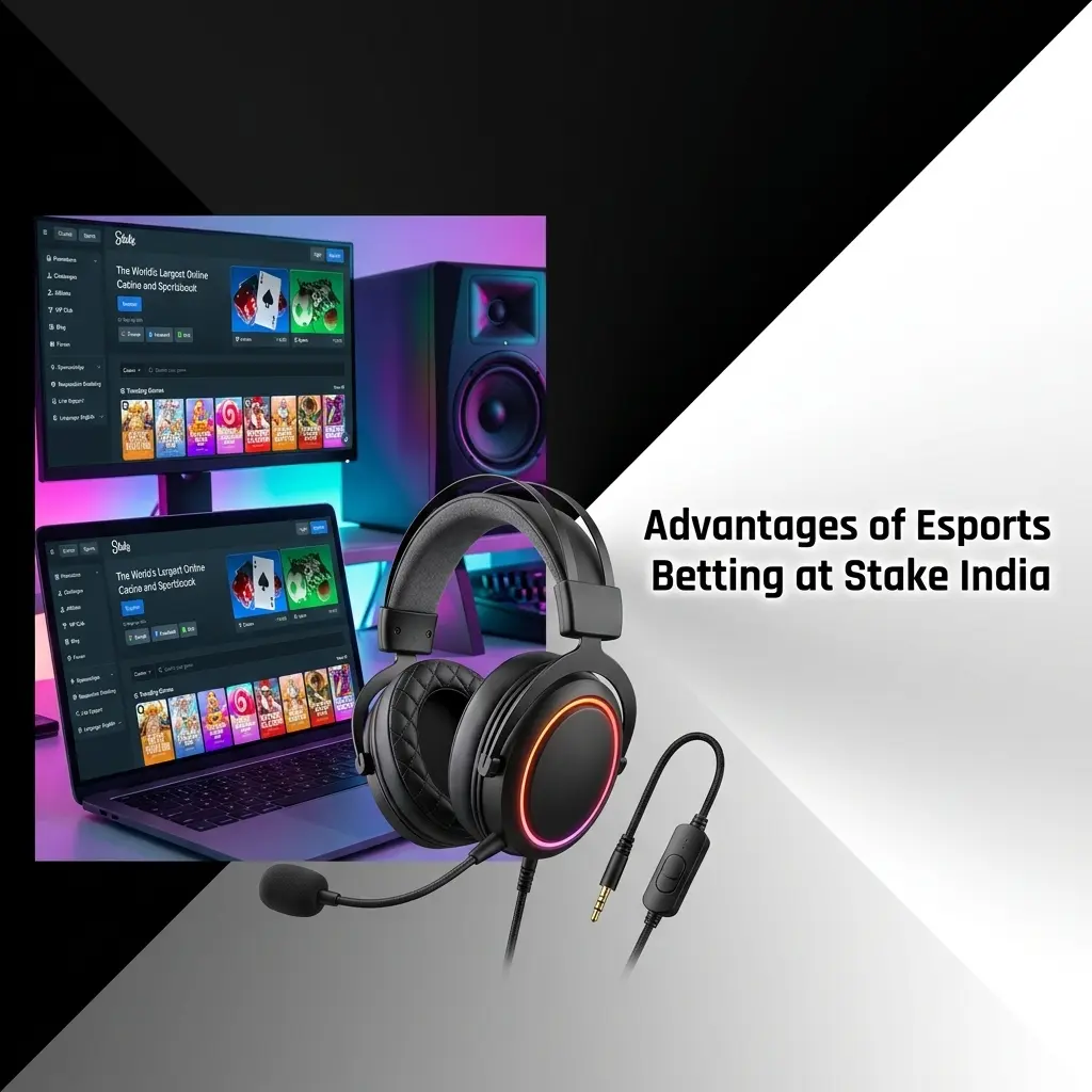 Stake India esports betting advantages including UPI payments, weekly raffle, live support and mobile app