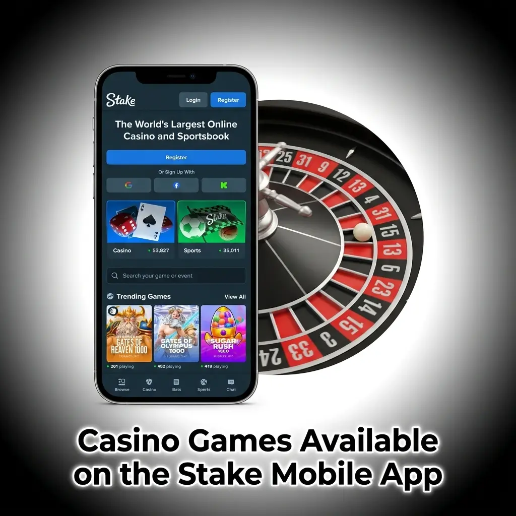 Stake mobile app casino games including slots, live dealer, Stake Originals, and game shows on smartphone