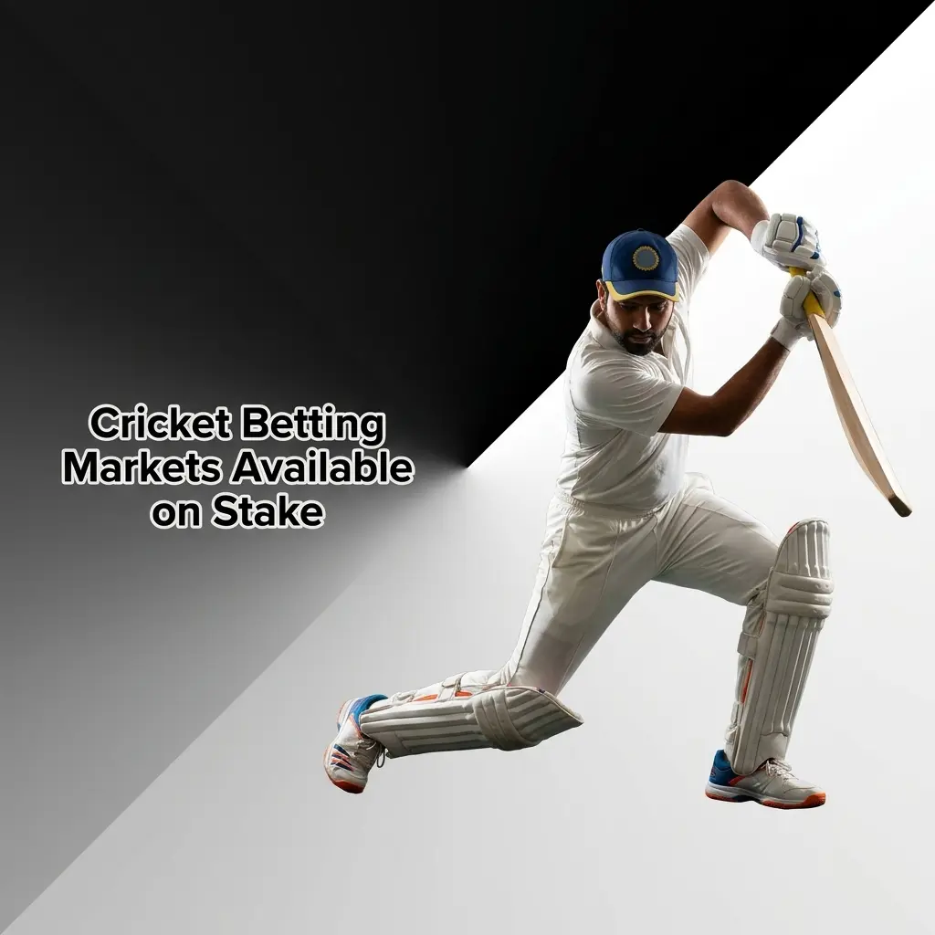 Cricket betting markets on Stake including match winner, top batsman, total runs, live in-play, and series winner options