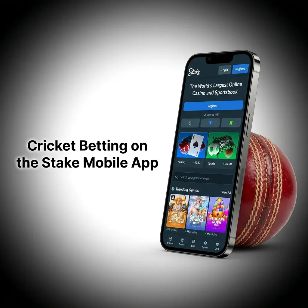 Stake mobile app cricket betting interface on Android and iOS with sportsbook navigation and bet placement steps