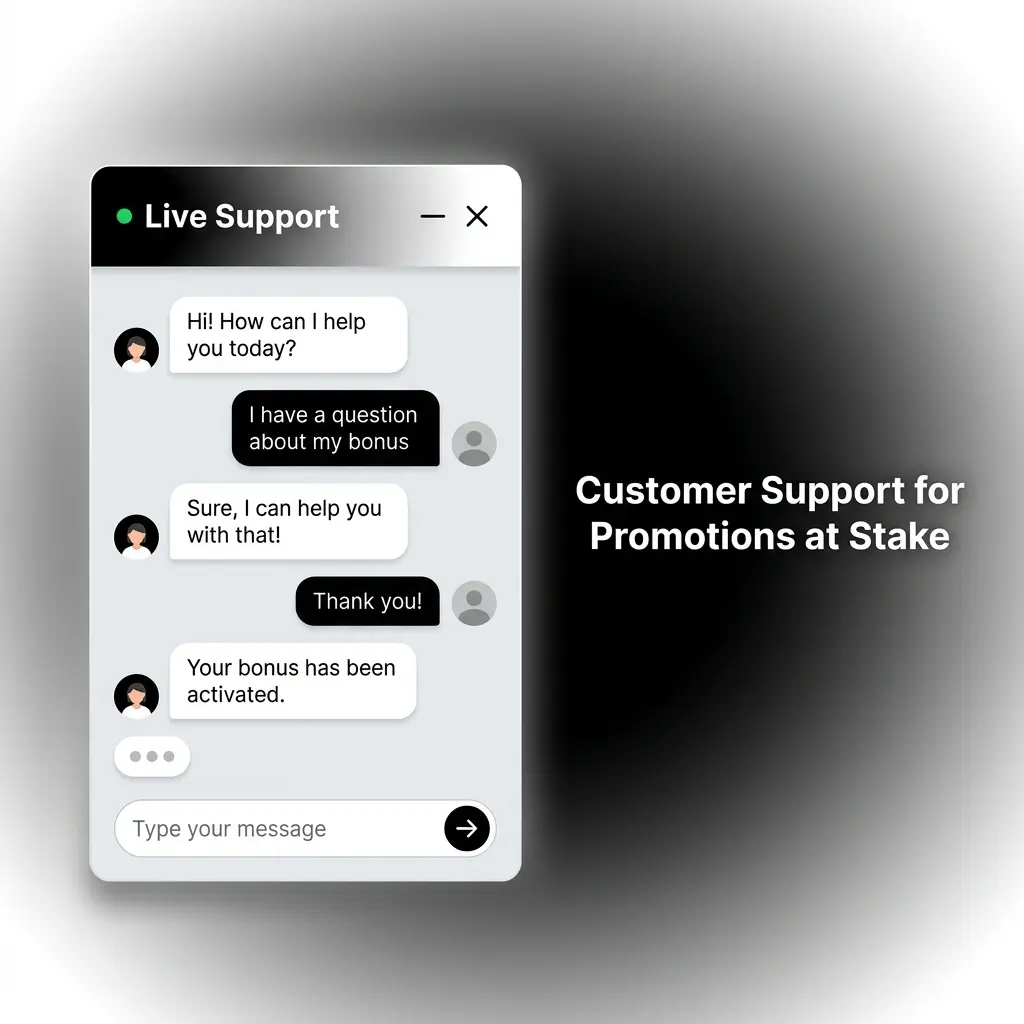 Stake customer support options including live chat, email, help centre, and social media for promotions and bonus queries