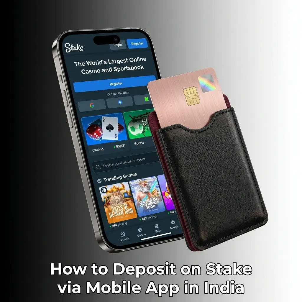 Stake mobile app deposit guide showing crypto wallet QR code scan and deposit steps on Android or iOS in India