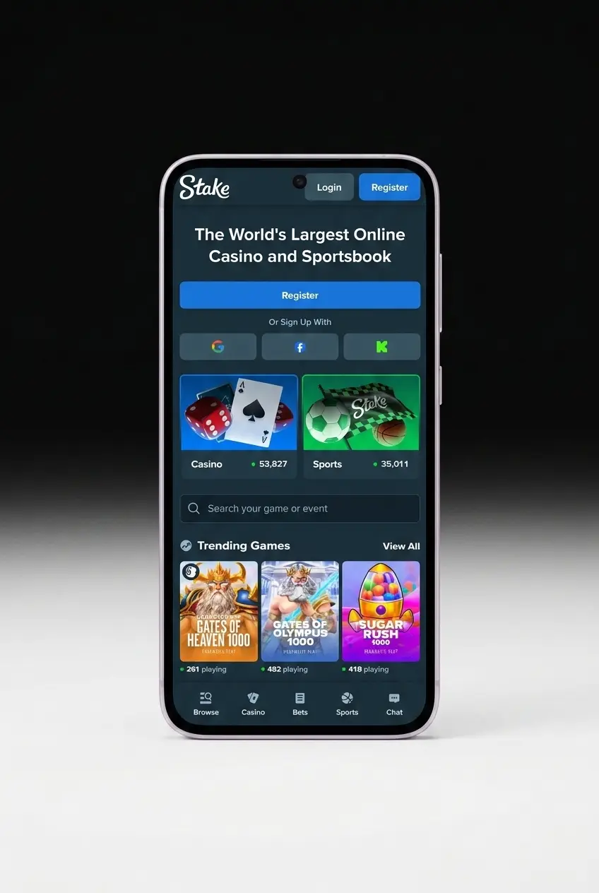 Stake Android APK download and install steps showing settings, file manager, and app launch on mobile device