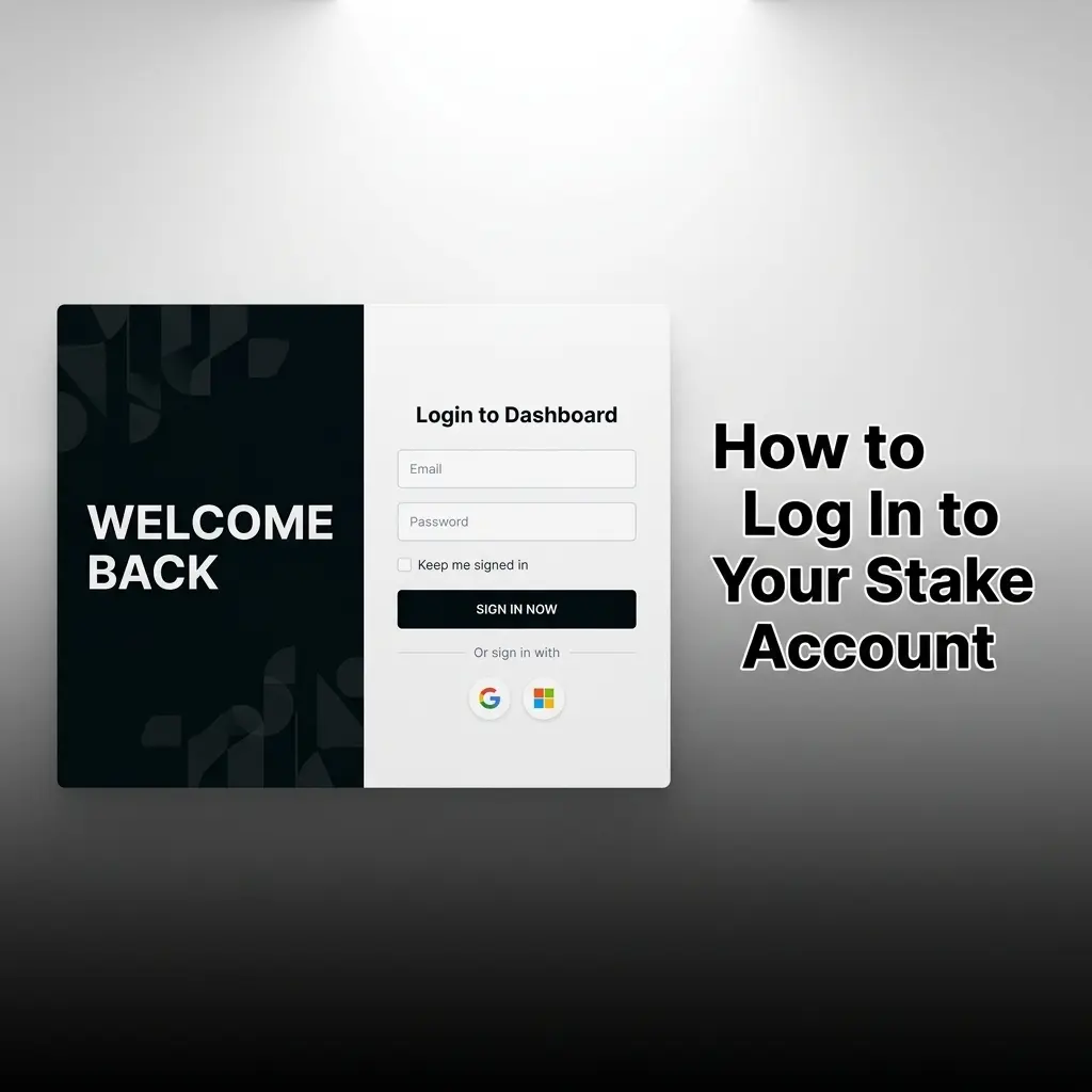 Stake account login screen showing email and password fields with Log In button at top right of homepage