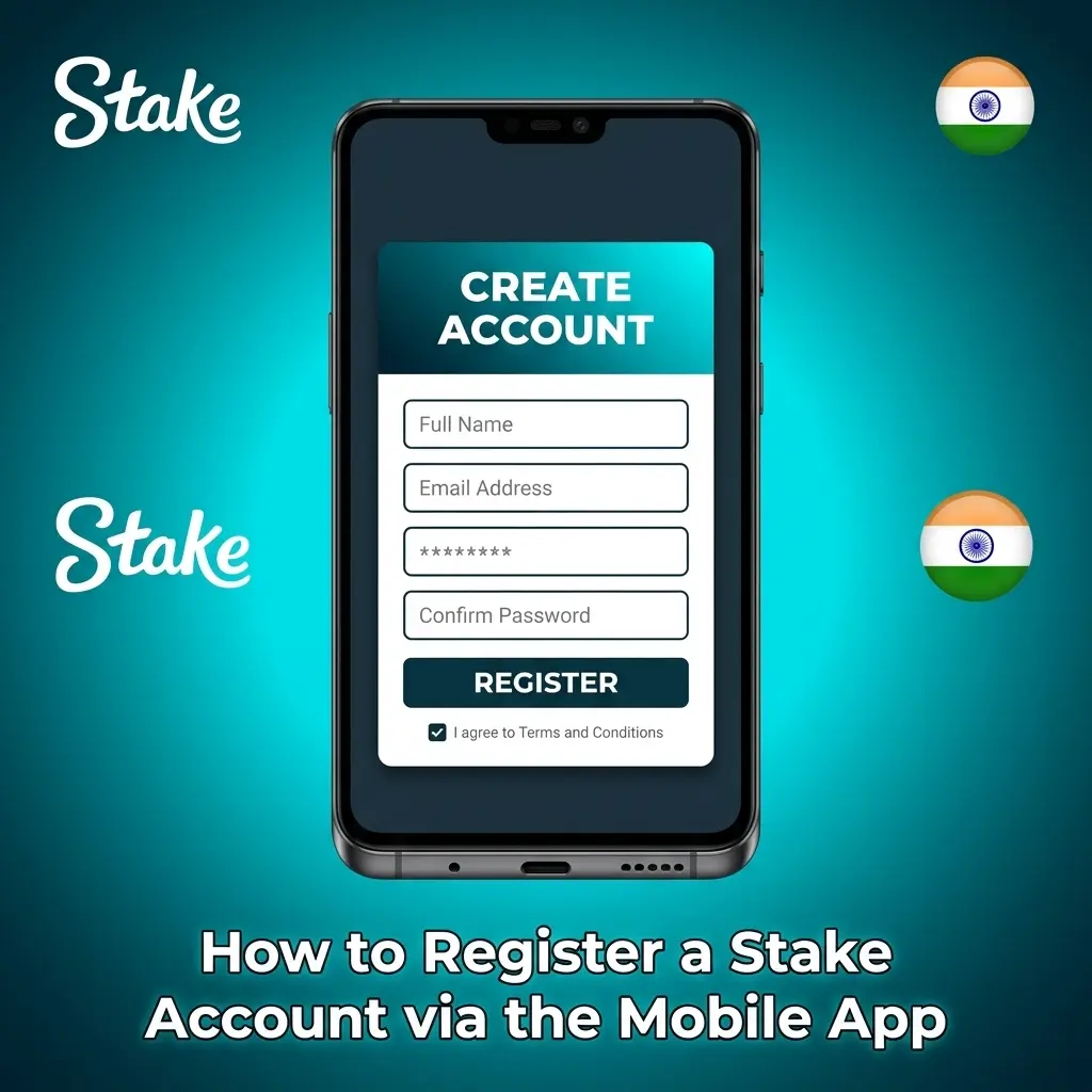 Stake mobile app registration screen showing sign-up form for Indian users with email and Google login options