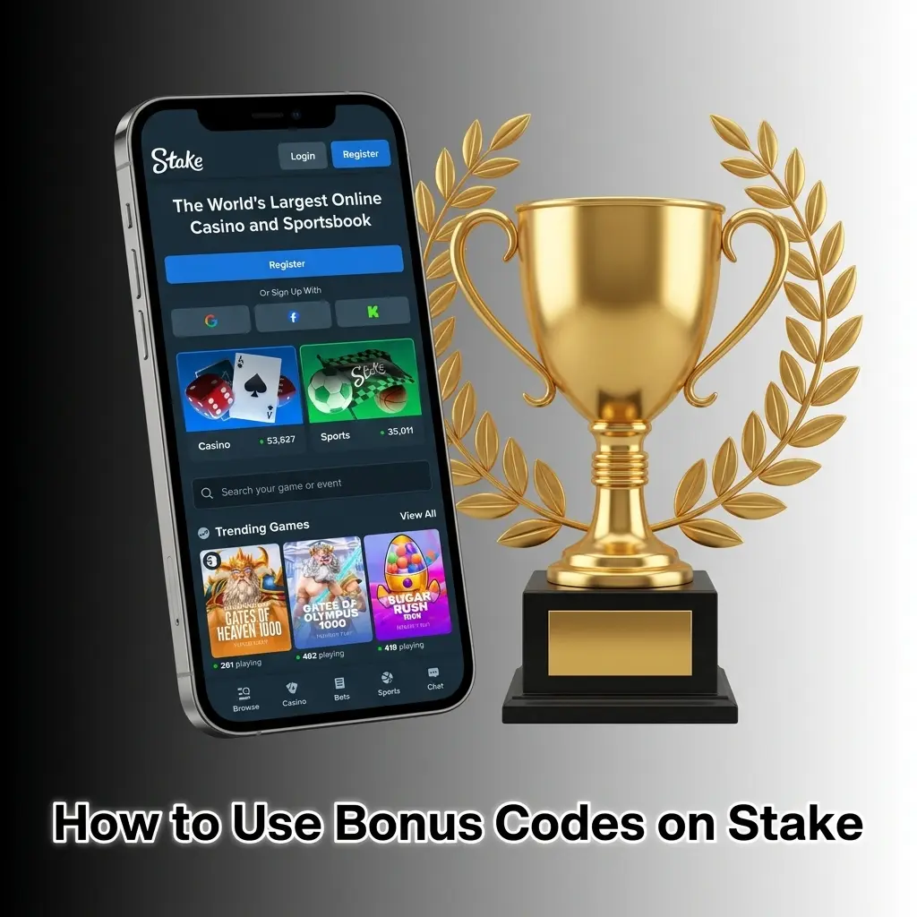 Step-by-step guide showing how to enter and apply a Stake bonus promo code in account settings offers tab
