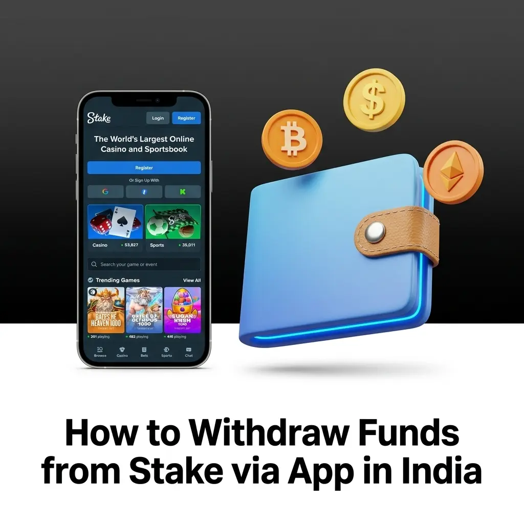 Stake app withdrawal process on mobile showing wallet section, cryptocurrency selection, and transaction confirmation steps