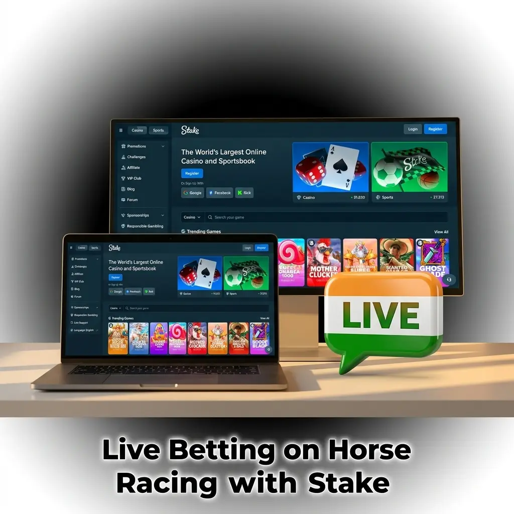 Stake live betting interface showing real-time horse racing odds, in-play bet slip, and cash-out options mid-race