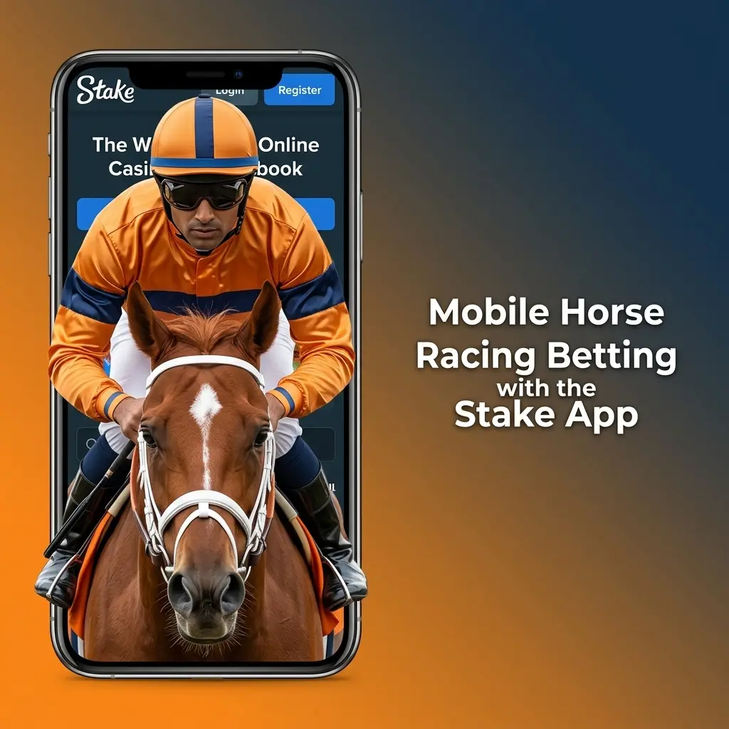 Stake app mobile interface showing horse racing betting with live odds, race cards, and bet slip on smartphone screen
