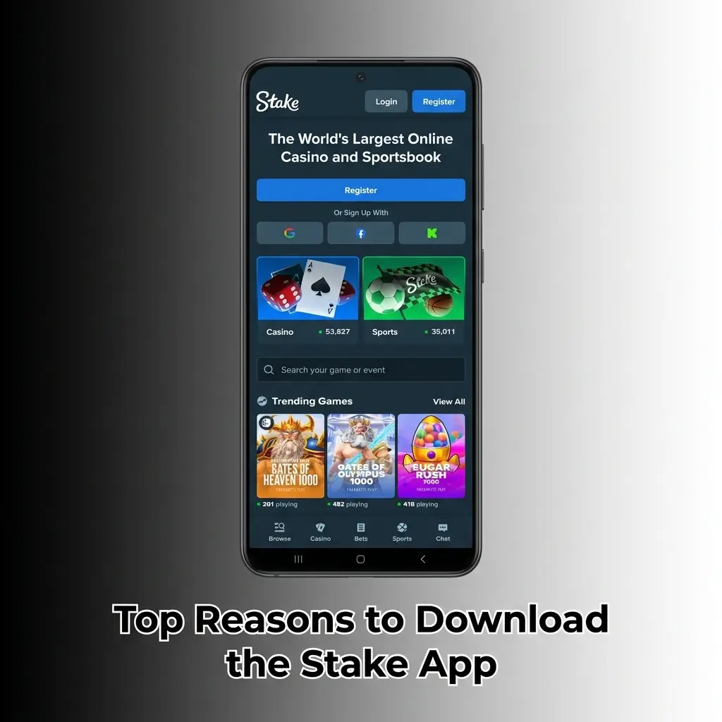 Stake app on smartphone showing sportsbook, casino games, and crypto payment options for Indian players