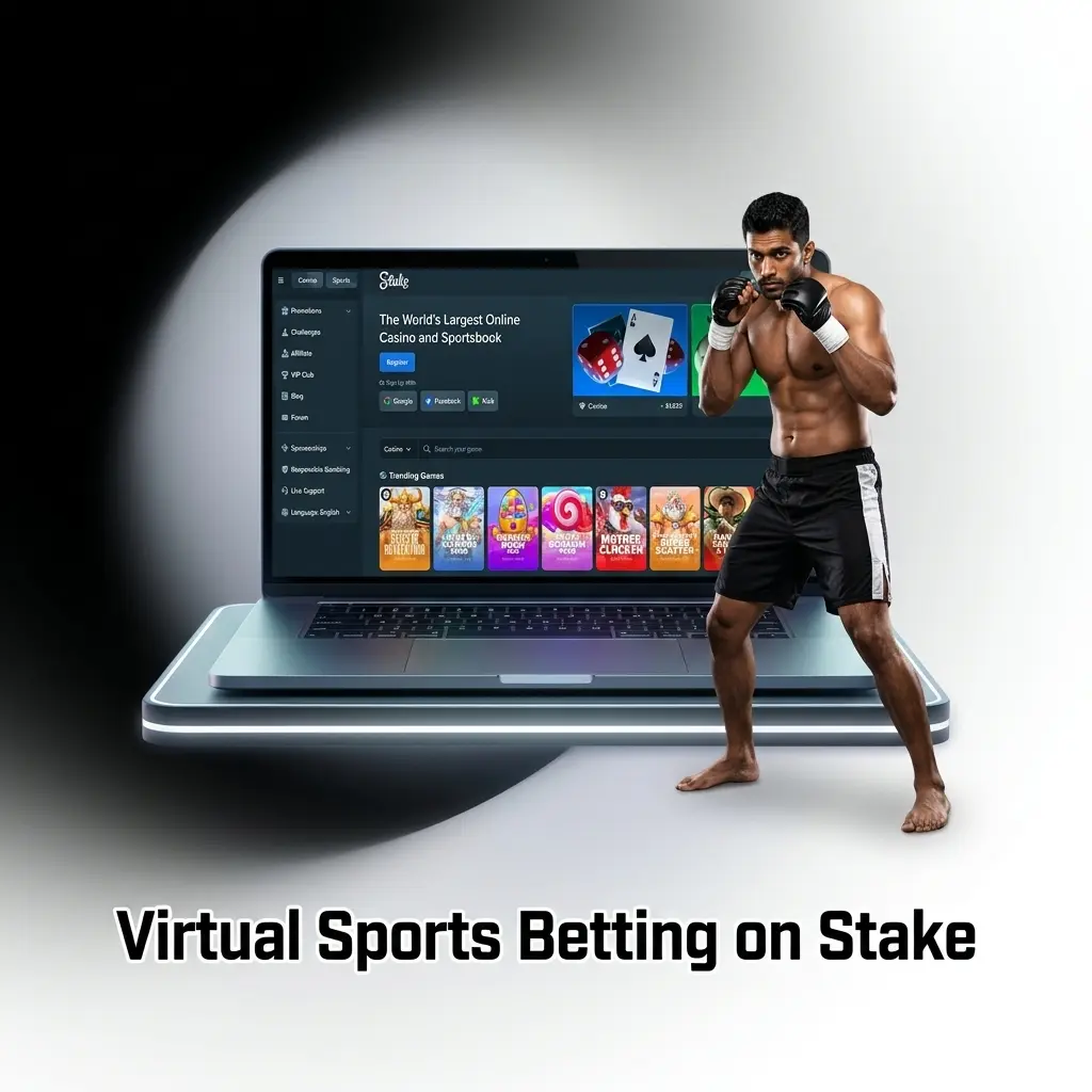 Virtual sports betting on Stake showing simulated football, horse racing, basketball, tennis and greyhound racing options